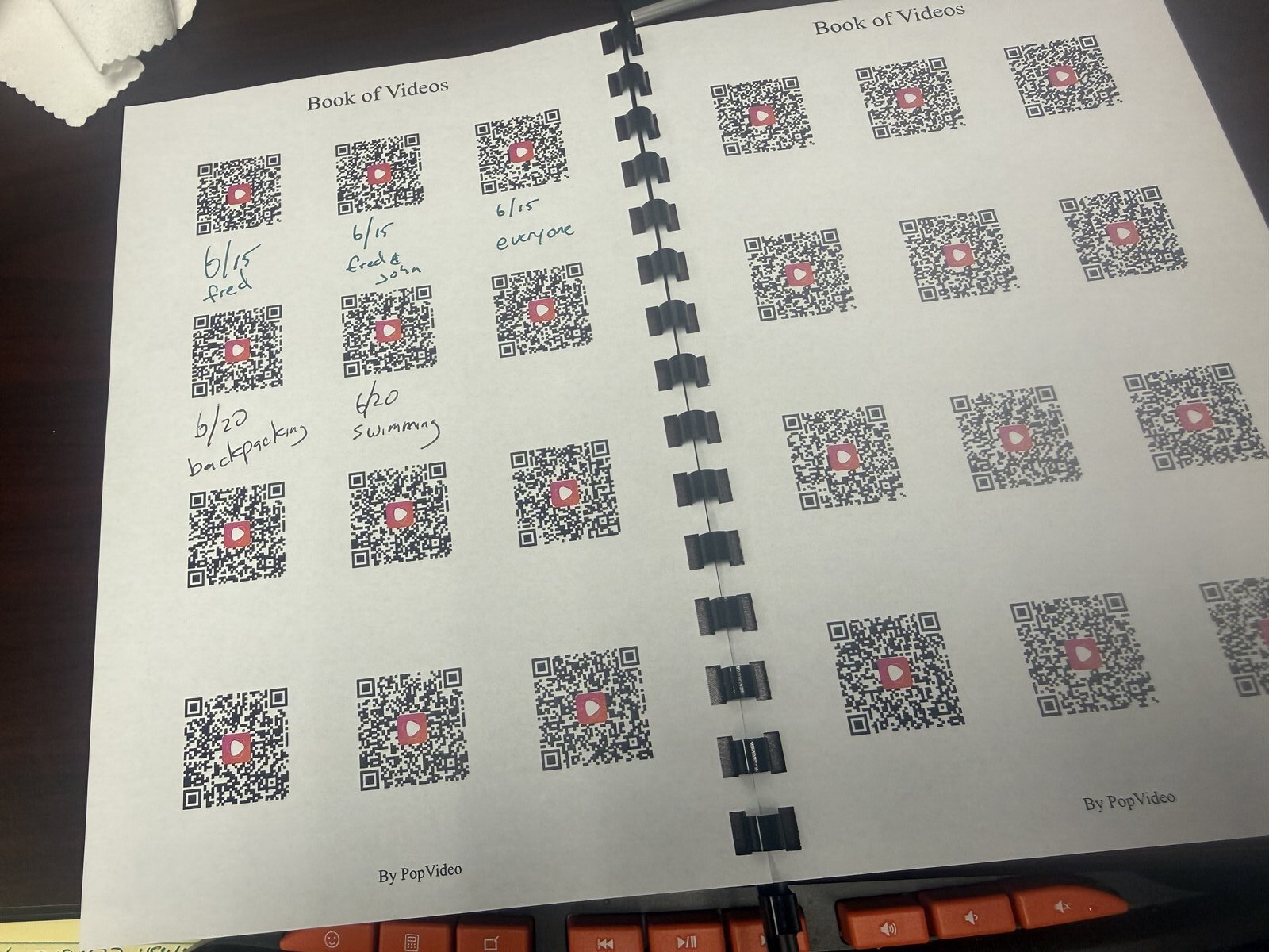Big Book of Videos, open with handwritten video labels